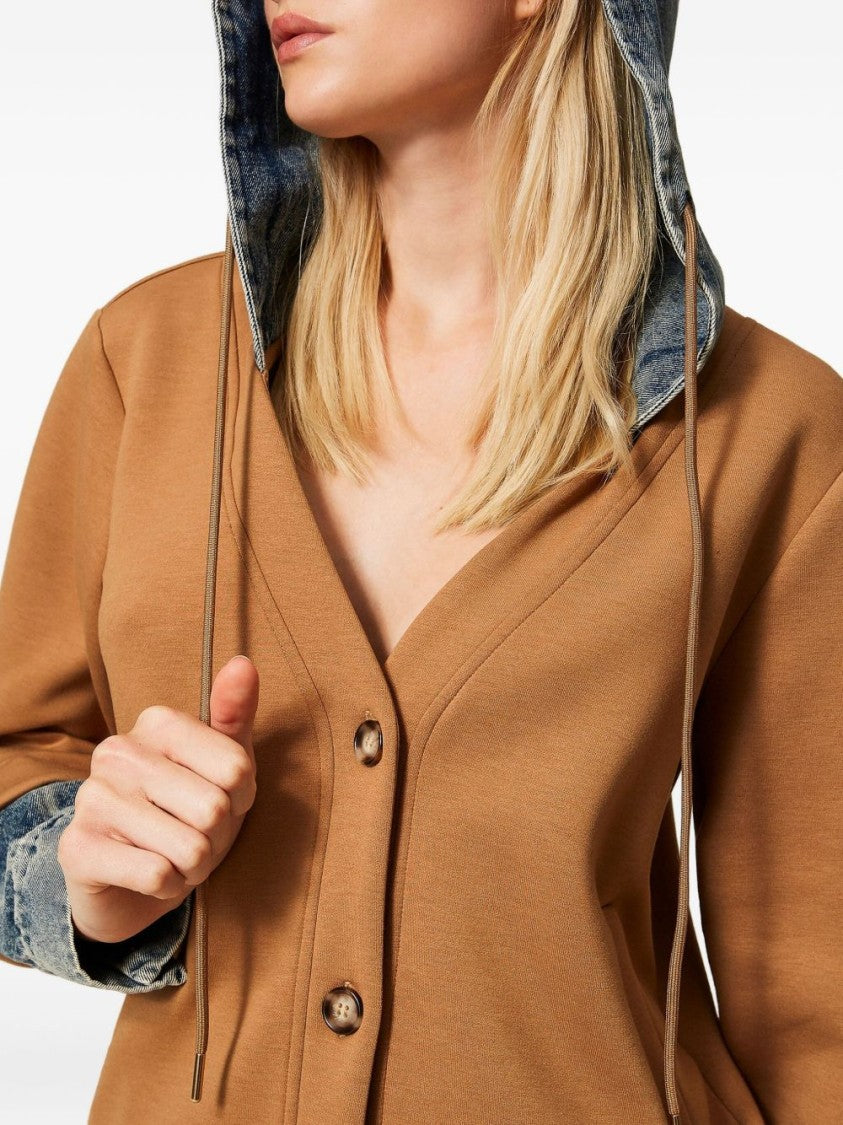 Twinset U&B Camel Mixed-Material Sweater With Denim Accents