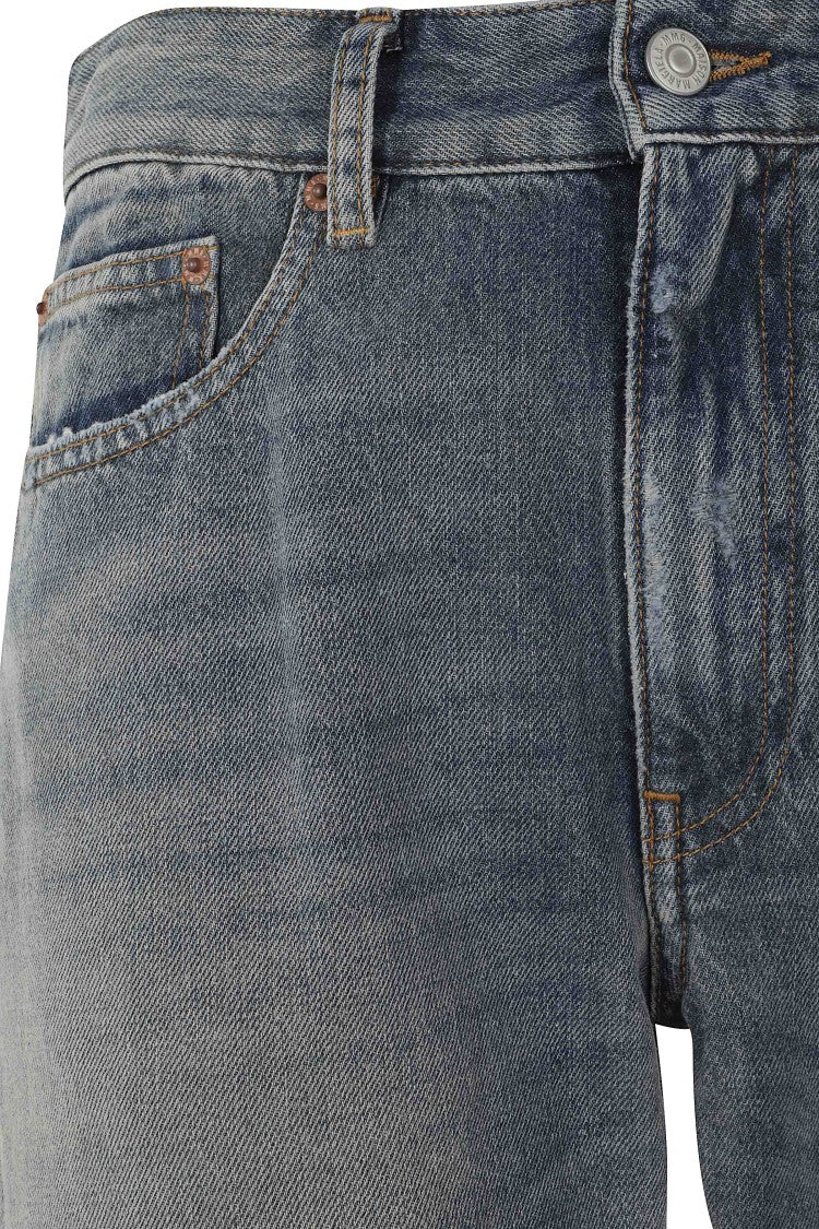 Mm6 By Maison Margiela Denim Blue Distressed Wide-Leg Cotton Jeans