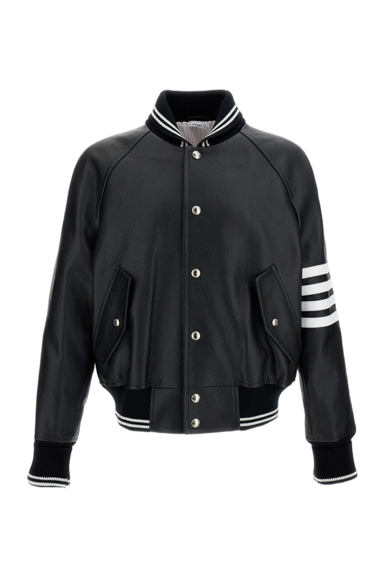 Thom Browne Black Oversized Leather Bomber Jacket