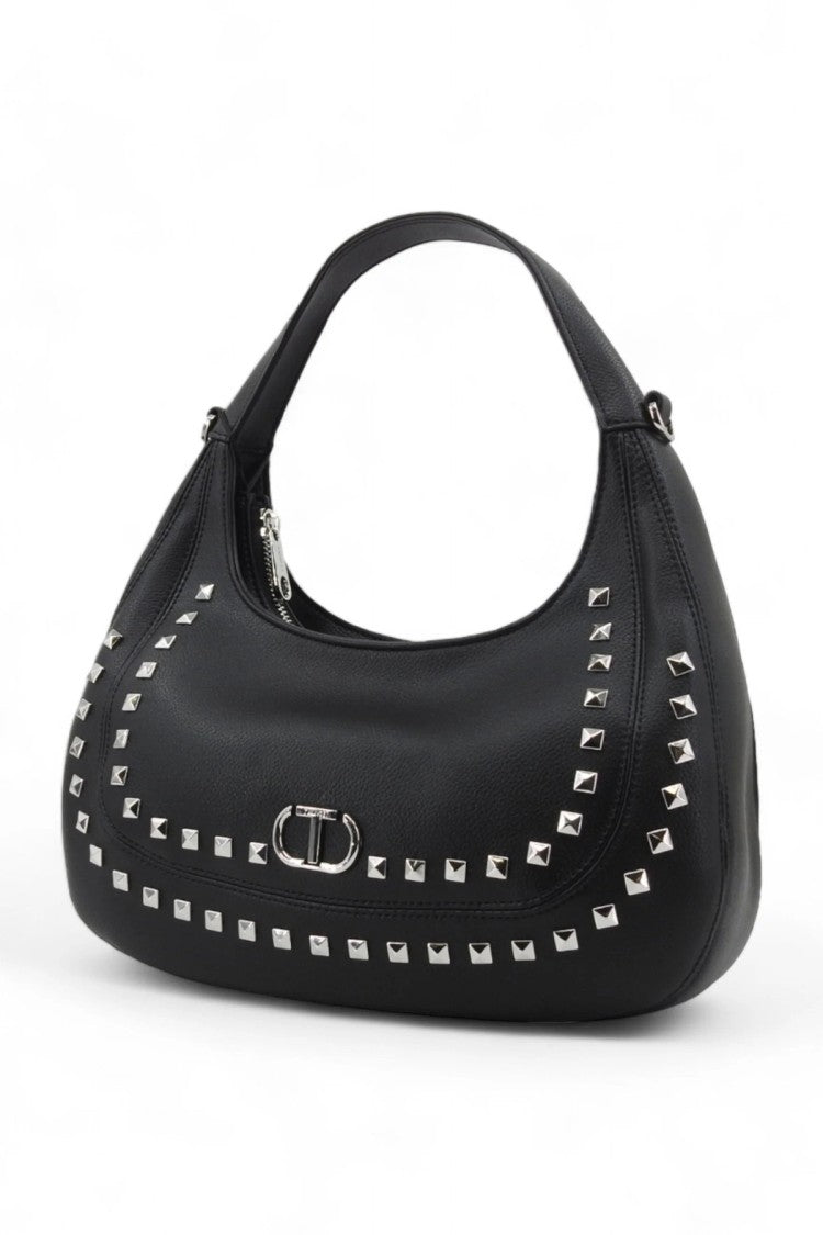 Twin-Set Black Pyramid Stud Trim Twist-Lock Leather Shoulder Bag