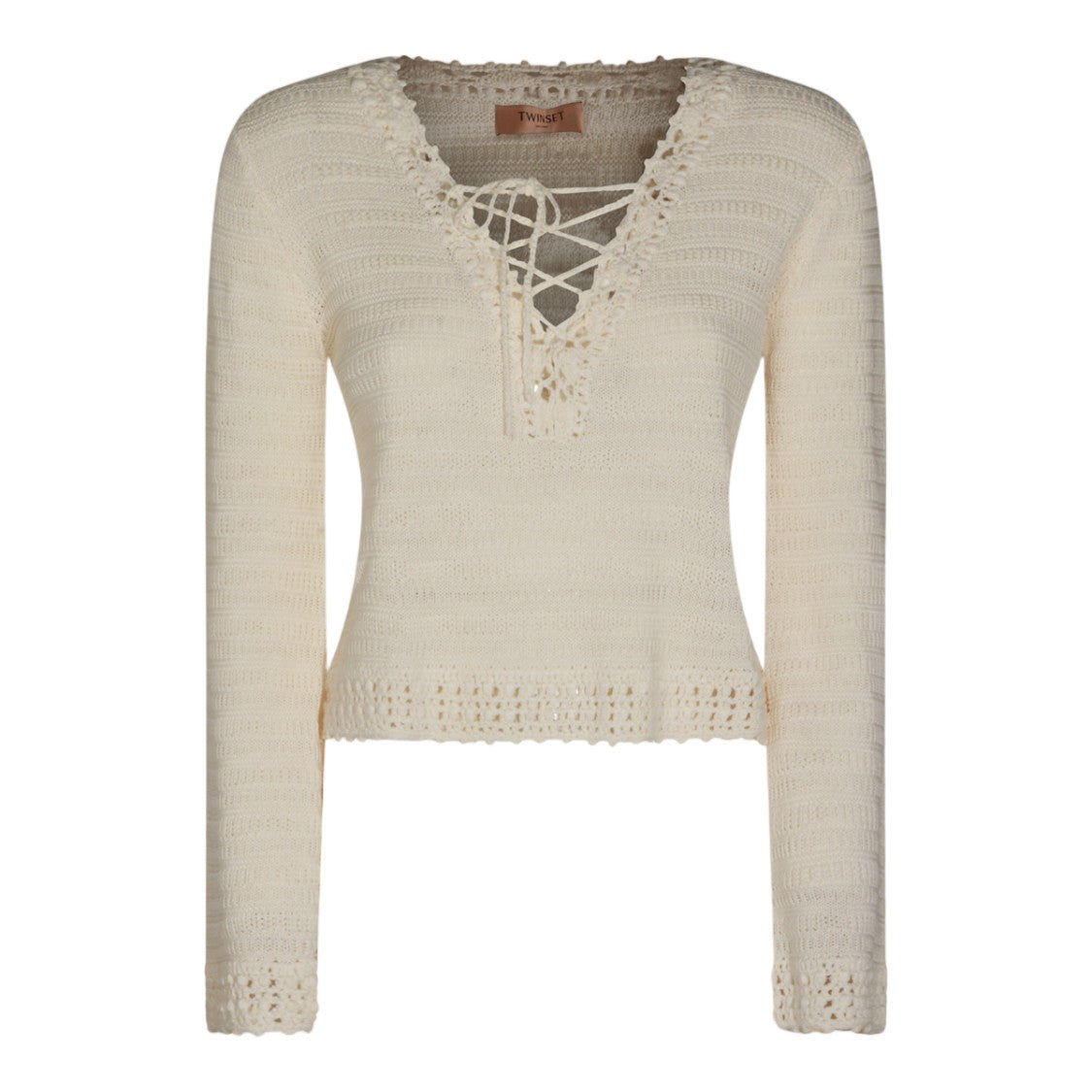 Twin-Set Delicate Crochet Knit Sweater With Lace-Up V-Neckline
