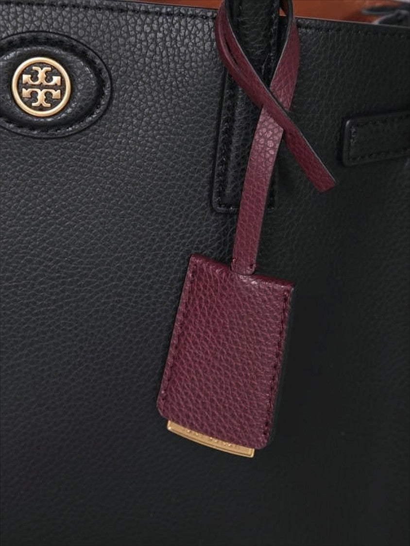 Tory Burch Textured Black Leather Shoulder Bag With Gold Emblem