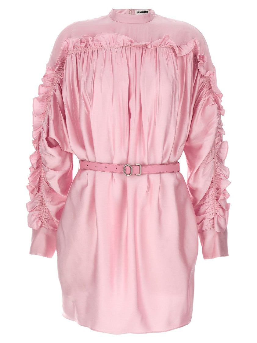 Jil Sander Ruffle Appliqué Satin Dress With High Collar