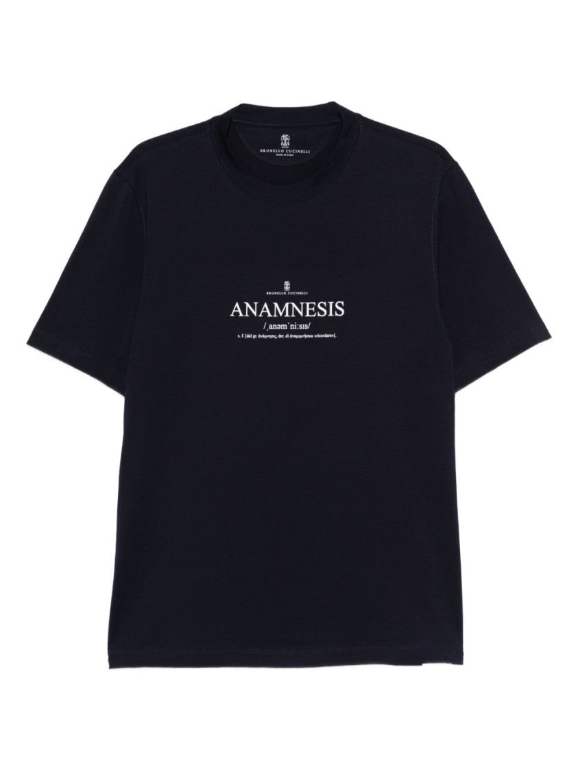 Brunello Cucinelli Deep Navy Blue Crew Neck T-Shirt With Graphic Print