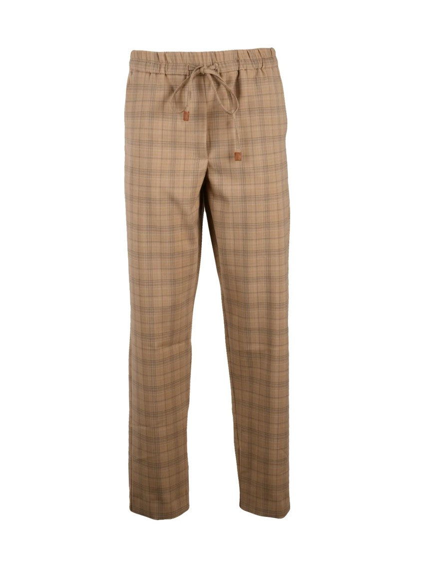 Marella Sport Beige Plaid Trousers With Elastic Waist And Practical Pockets