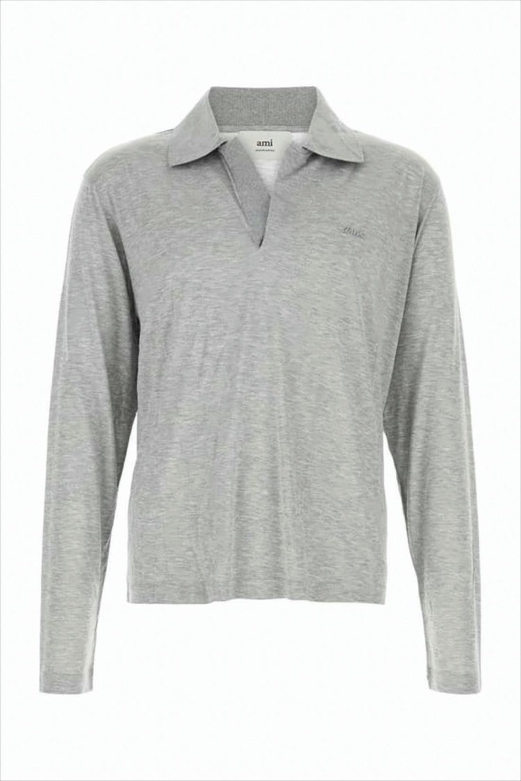 Ami Heathered Grey Long-Sleeve Polo Shirt With Classic Collar