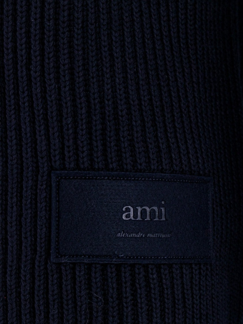 Ami Ribbed Knit Crewneck Sweater With Tonal Branding Detail