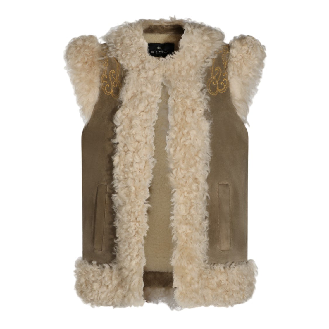 Etro Peacock Embroidered Shearling Trim Suede Sleeveless Jacket