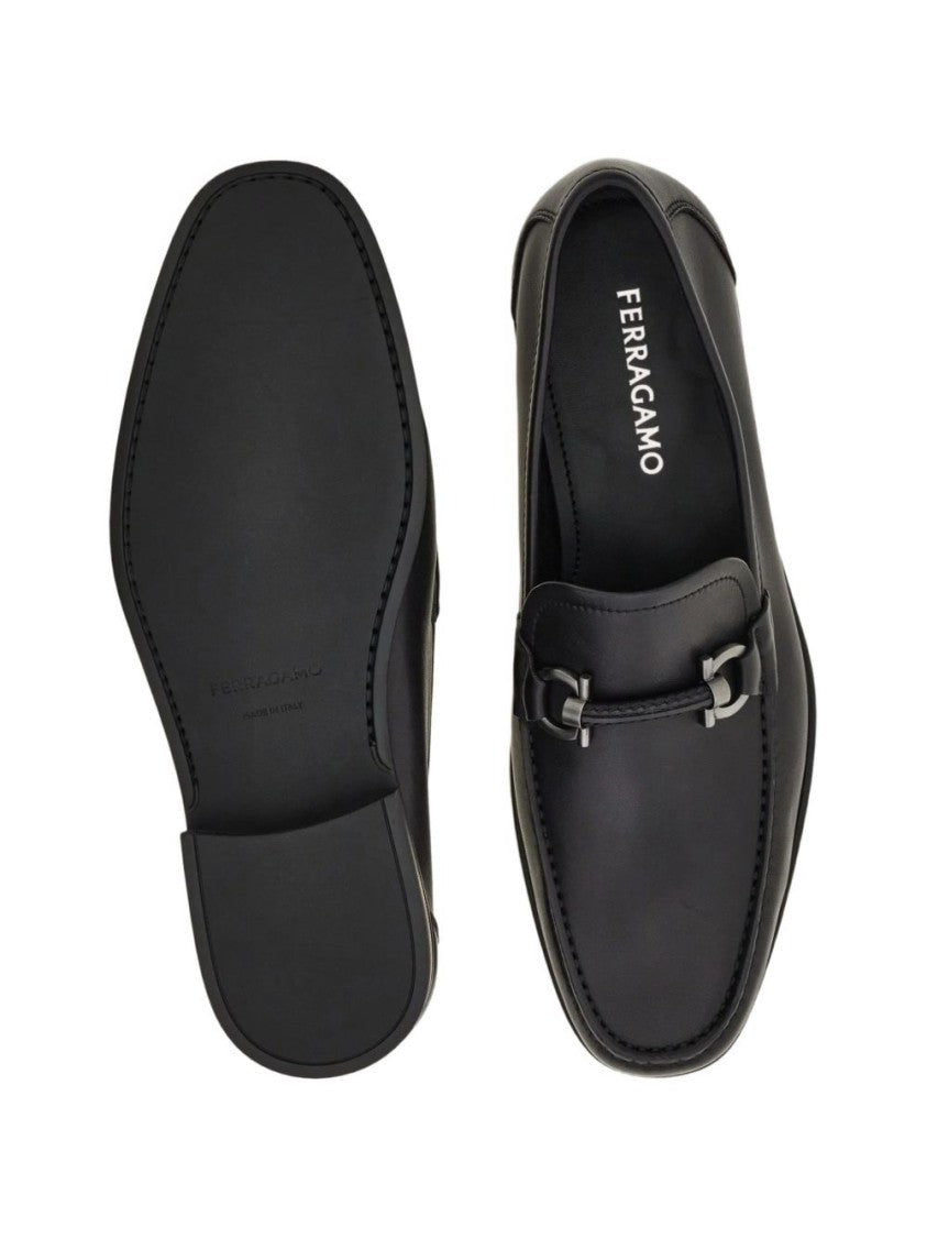 Ferragamo Black Gancini Ornament Calf Leather Loafers