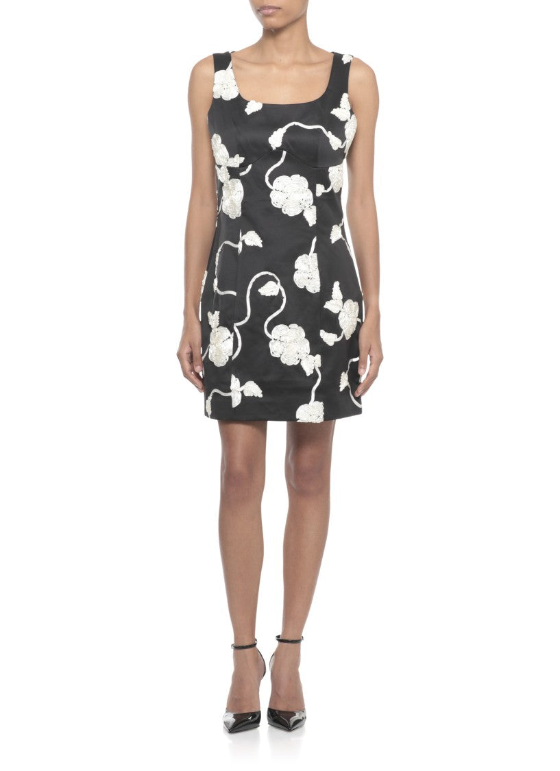 Rotate Fitted Black 3D Floral Mini Dress With Crew Neck