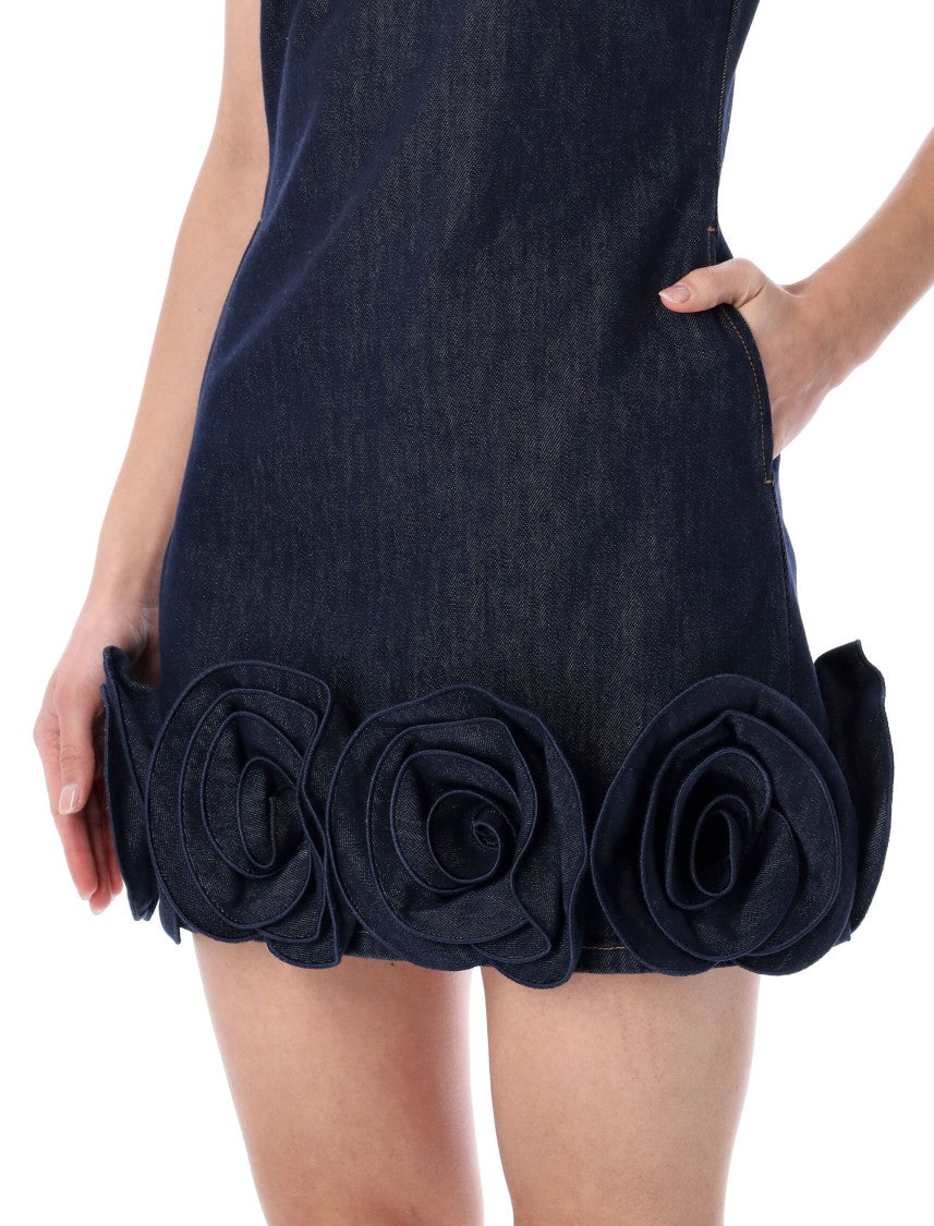 Self-Portrait Indigo Denim Floral Appliques Mini Dress