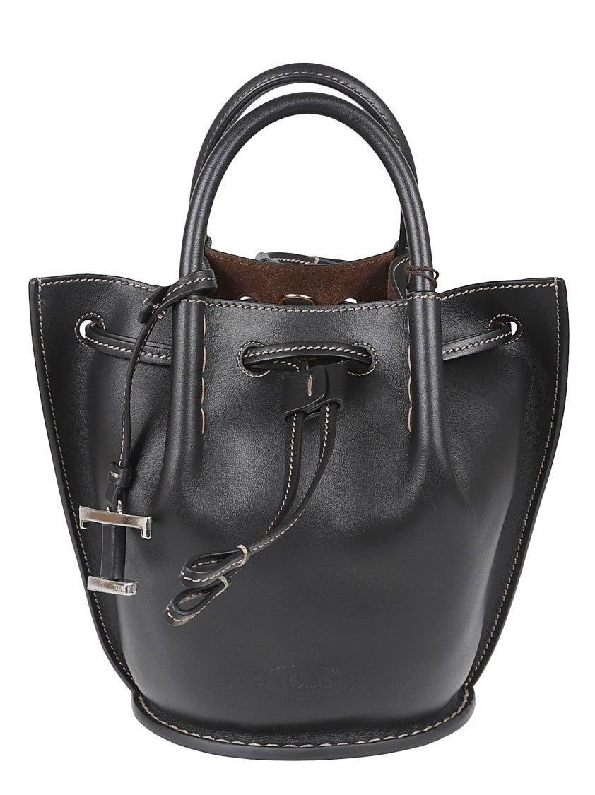 Tod's Structured Black Calfskin Bag With Drawstring Closure
