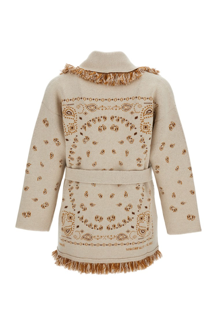 Alanui Beige Bandana Jacquard Fringed Cashmere Cardigan