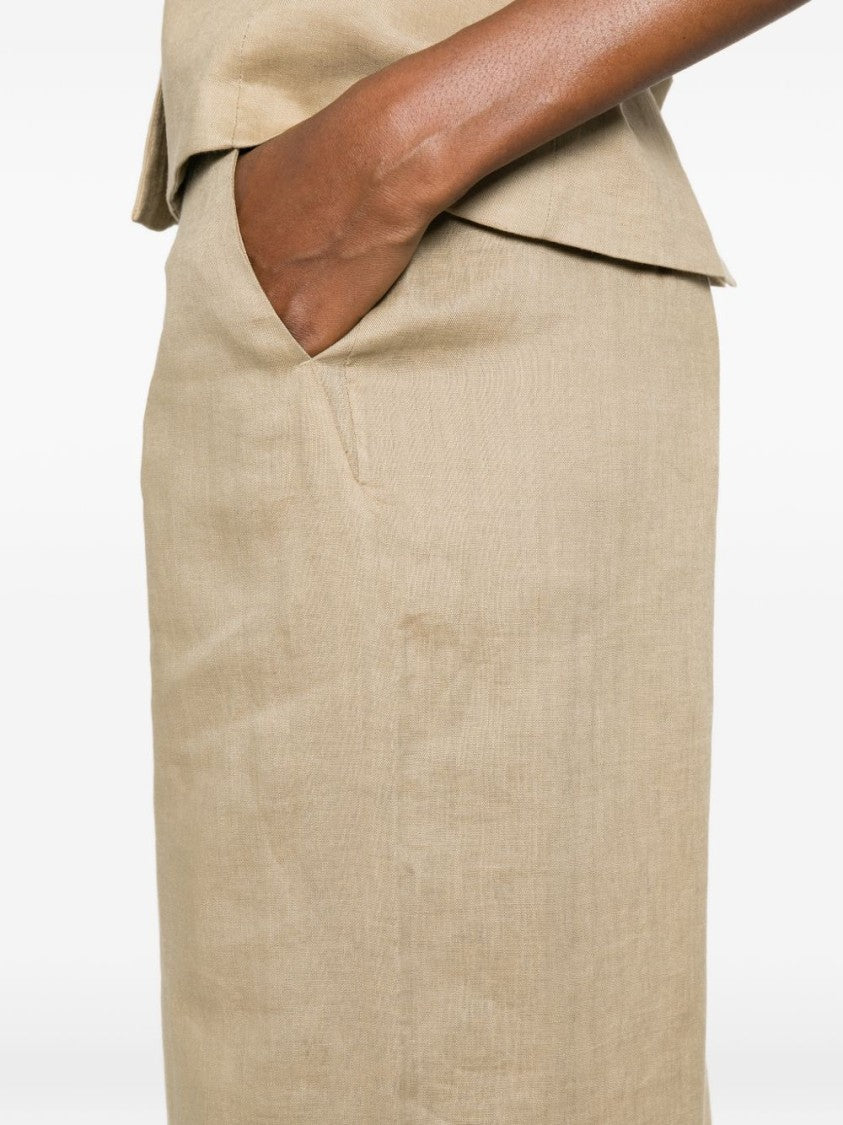 Max Mara Beige Belt Loops Linen Wide-Leg Pants