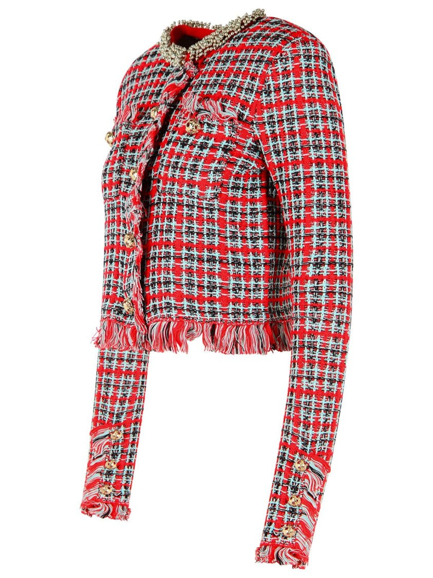 Self-Portrait Red Plaid Frayed-Trim Cotton-Blend Blazer