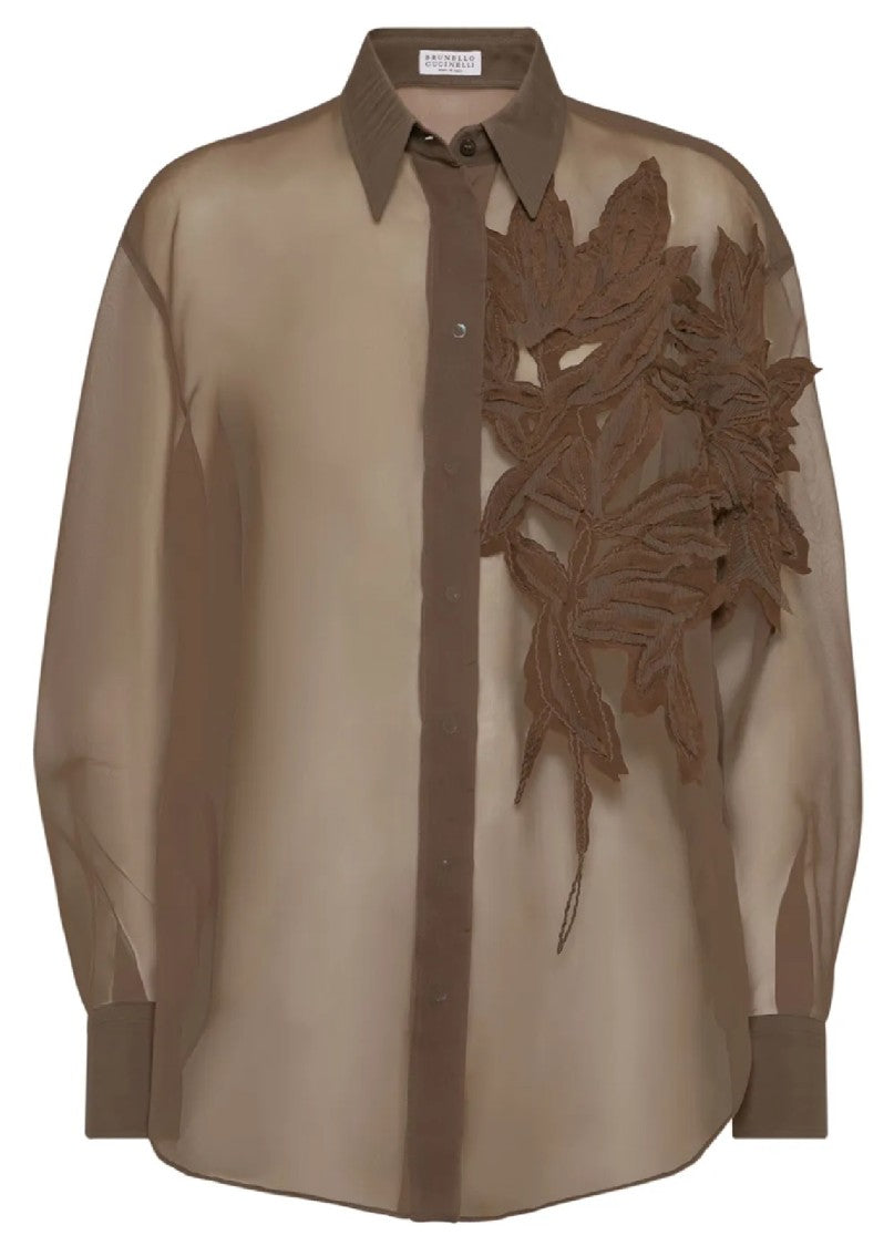 Brunello Cucinelli Long-Sleeve Sheer Shirt With Embroidered Leaf Design