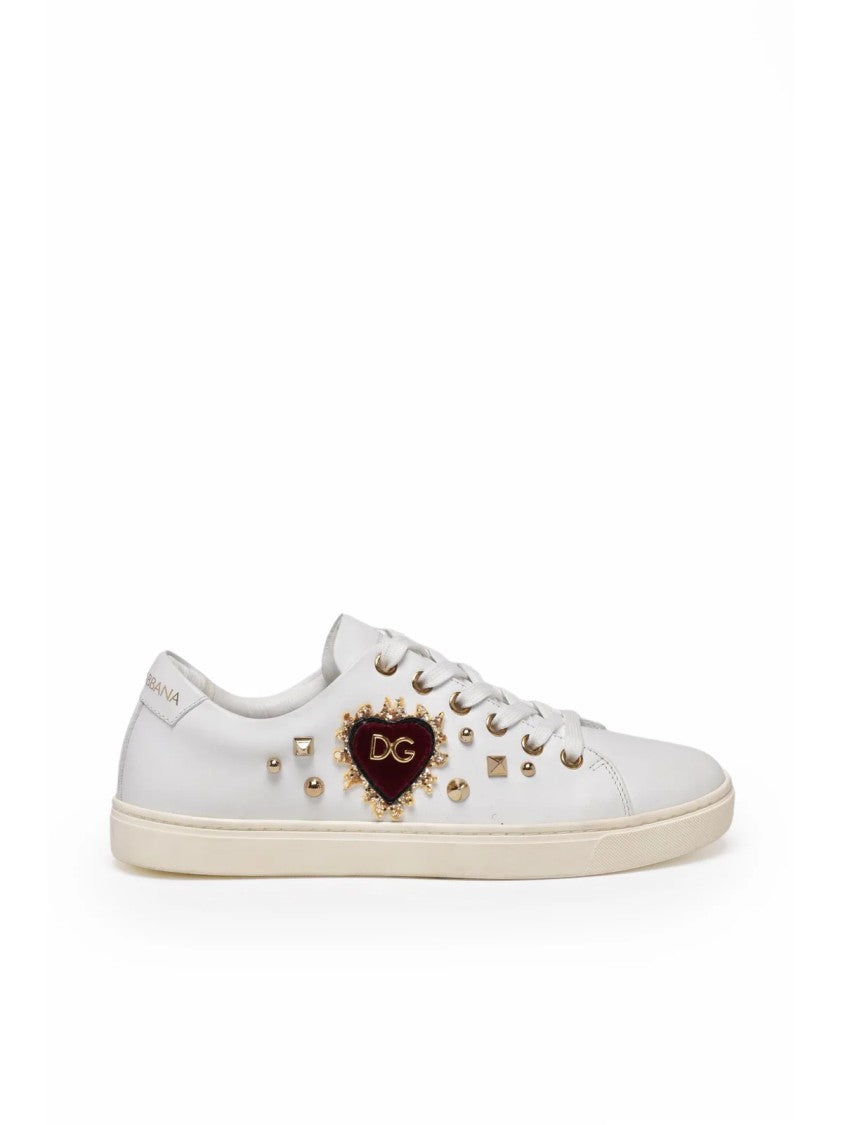 Dolce & Gabbana White Gold-Studded Heart Leather Sneakers