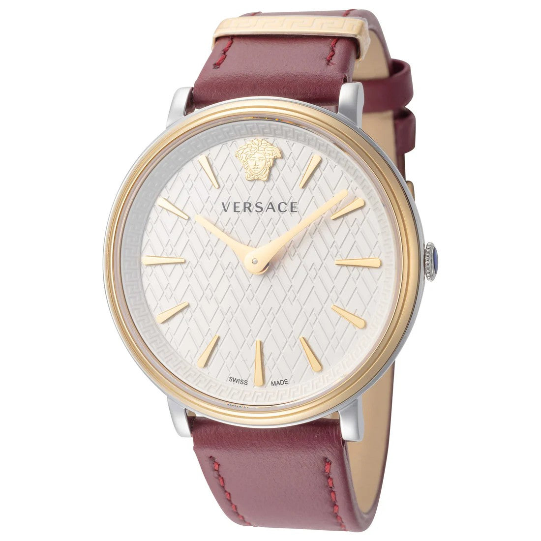 Versace 38Mm Red Calf Leather Watch With Silver Dial And Swiss Movement