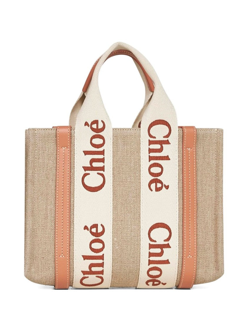 Chloé Structured Linen And Leather Handbag With Bold Branding