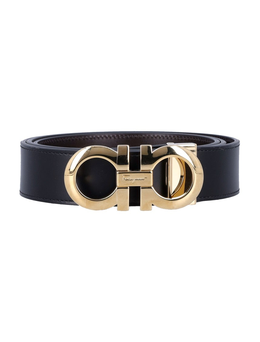Ferragamo Double Oval Buckle Black Leather Belt