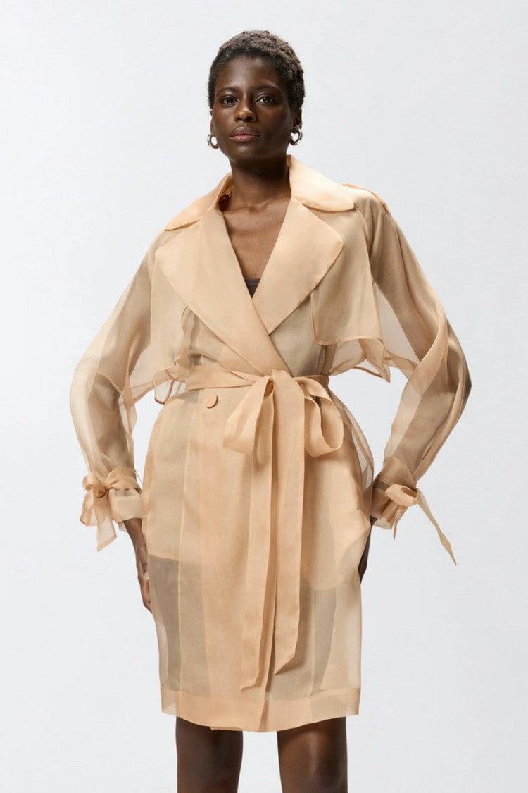 Pinko Beige Sheer Double-Breasted Self-Tie Belt Silk Trench Coat