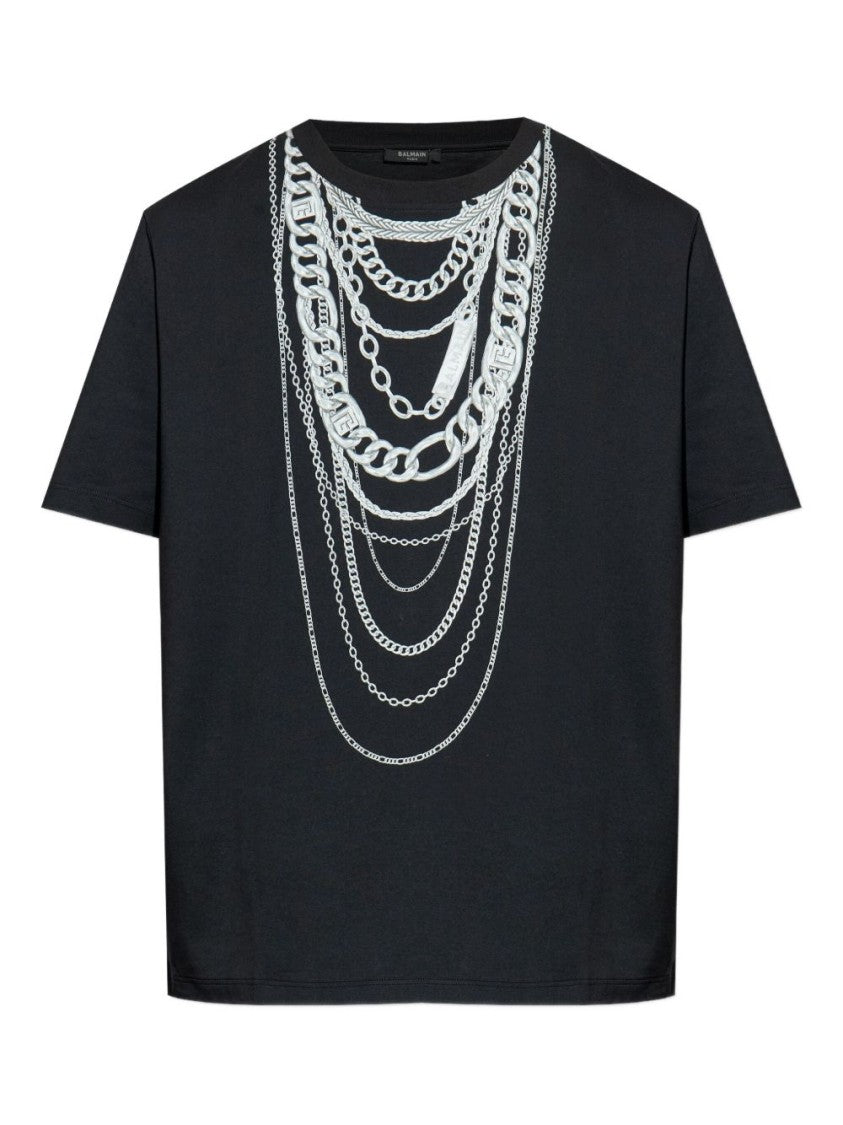 Balmain Graphic Chain Motif Black T-Shirt With Short Sleeves