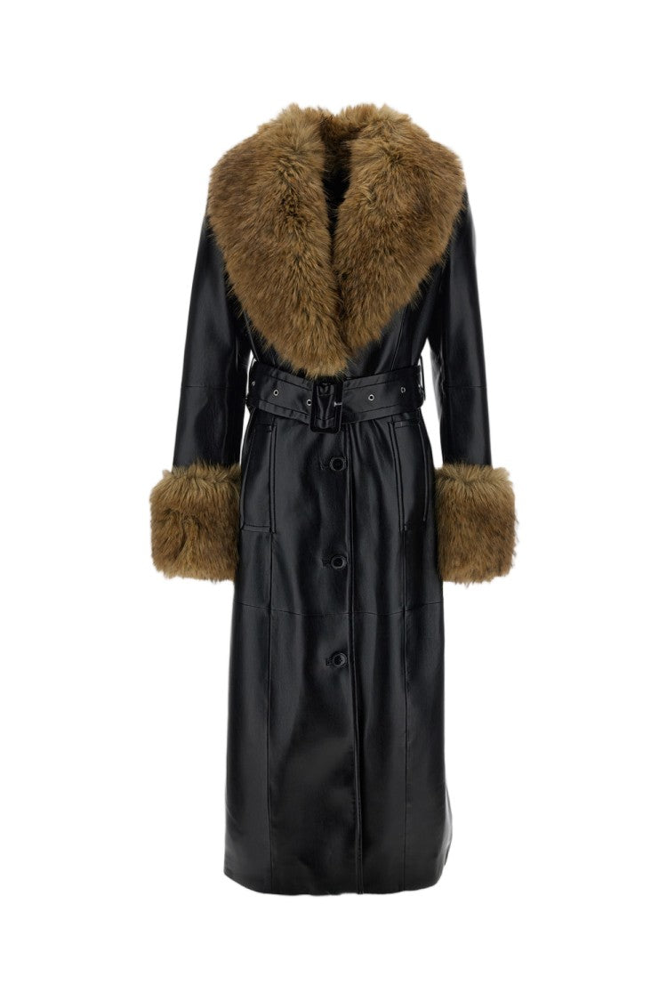 Stand Studio Estella Long Coat With Faux Fur Shawl Collar And Adjustable Belt