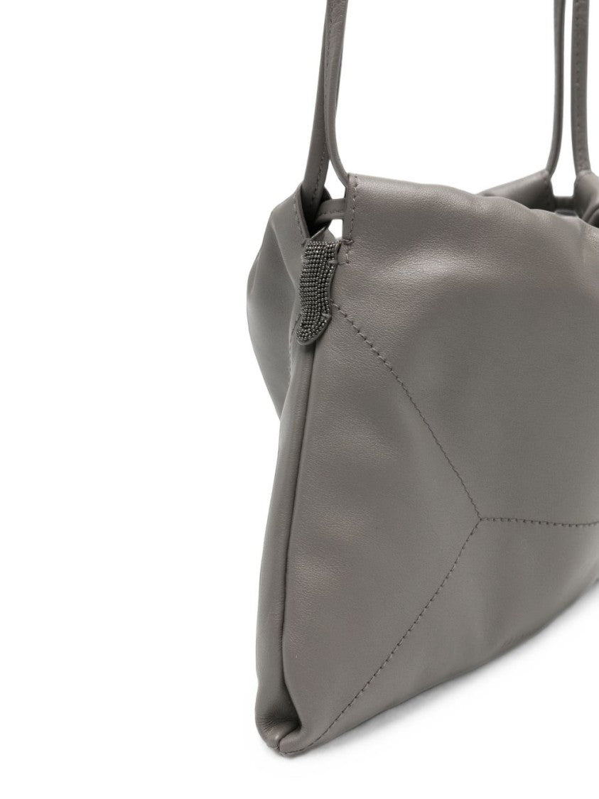 Brunello Cucinelli Ruched Edge Grey Leather Shoulder Bag