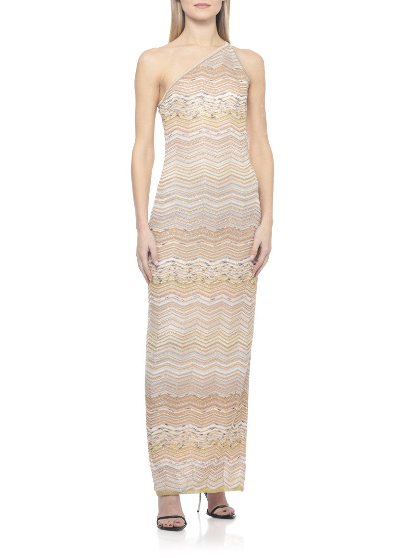 Missoni One-Shoulder Gold Viscose Dress With All-Over Sequins