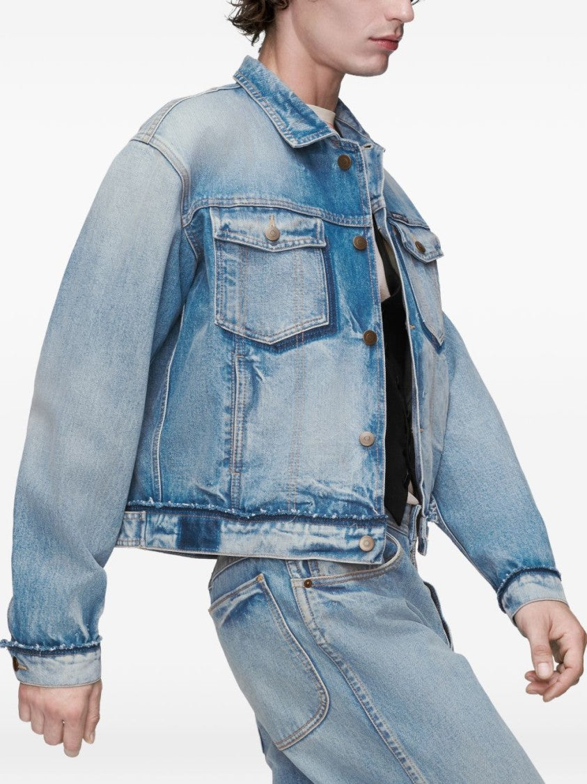 Maison Margiela Cropped Denim Jacket With Classic Collar And Distressed Finish