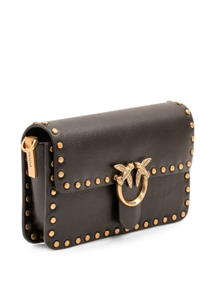Pinko Black Rectangular Bird Clasp Studded Leather Handbag