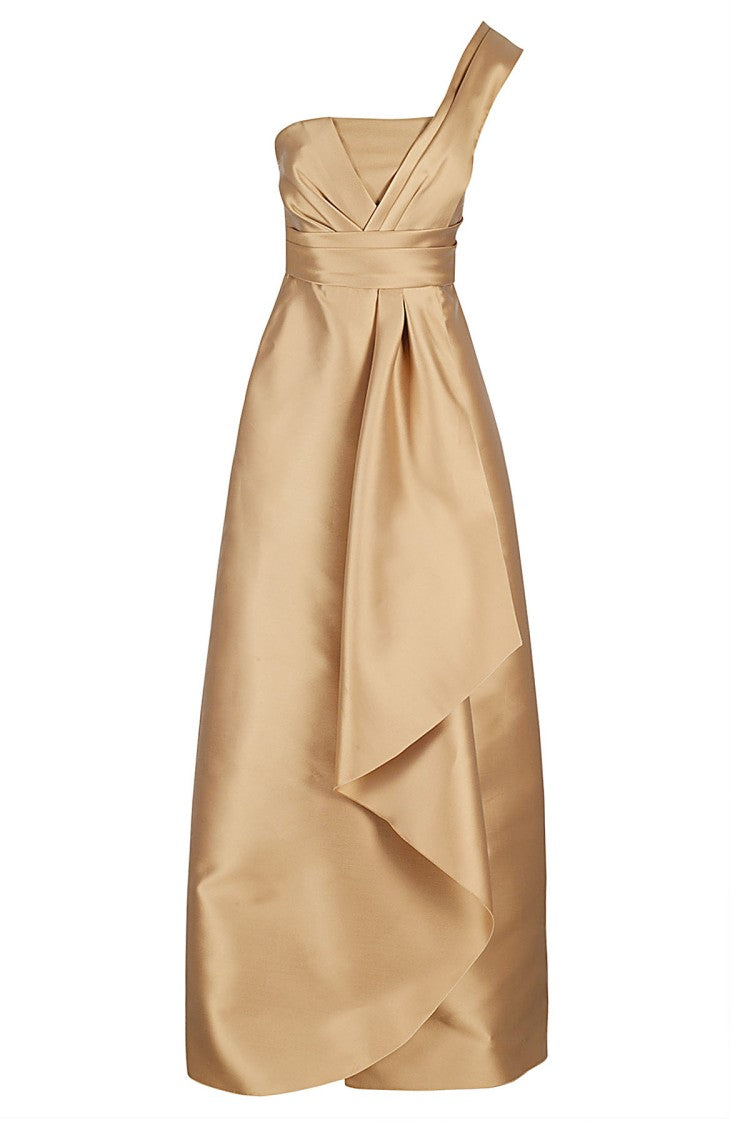 Alberta Ferretti Beige One-Shoulder Draped Mikado Satin Evening Dress