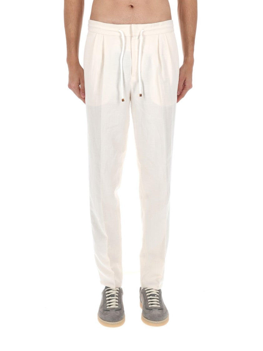 Brunello Cucinelli Pleated Drawstring Linen-Blend Straight-Leg Pants