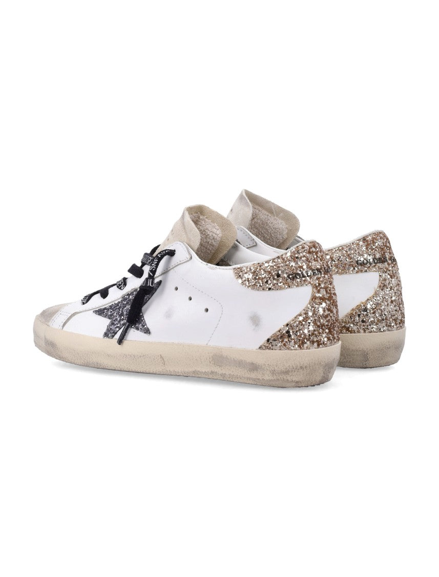 Golden Goose Distressed White Leather Glitter Sneakers With Vintage Appeal