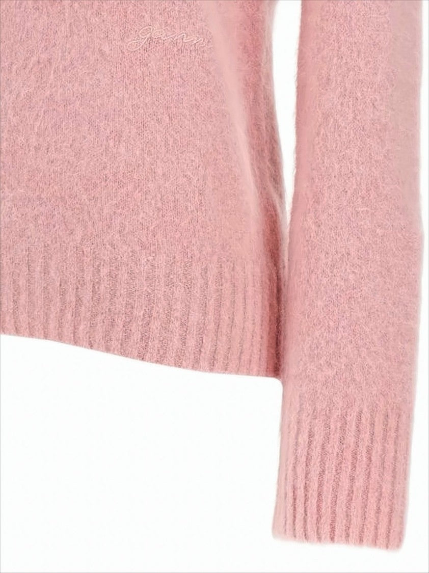 Ganni Plush Pink Sweater With Ribbed Cuffs And Subtle Branding