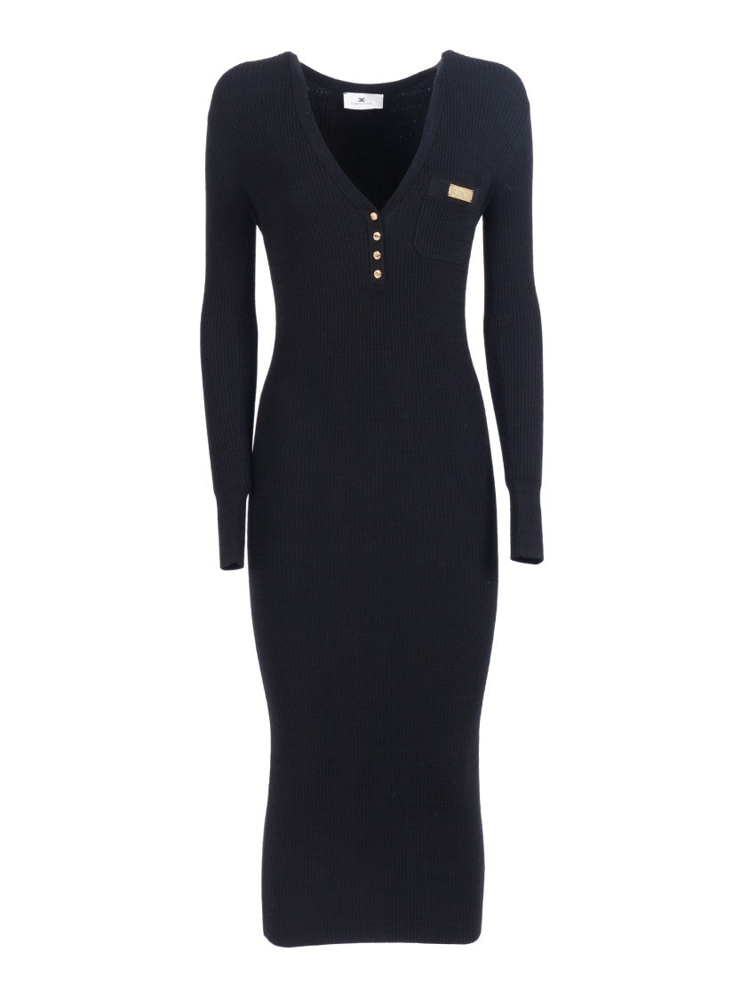 Elisabetta Franchi Ribbed V Neck Midi Dress
