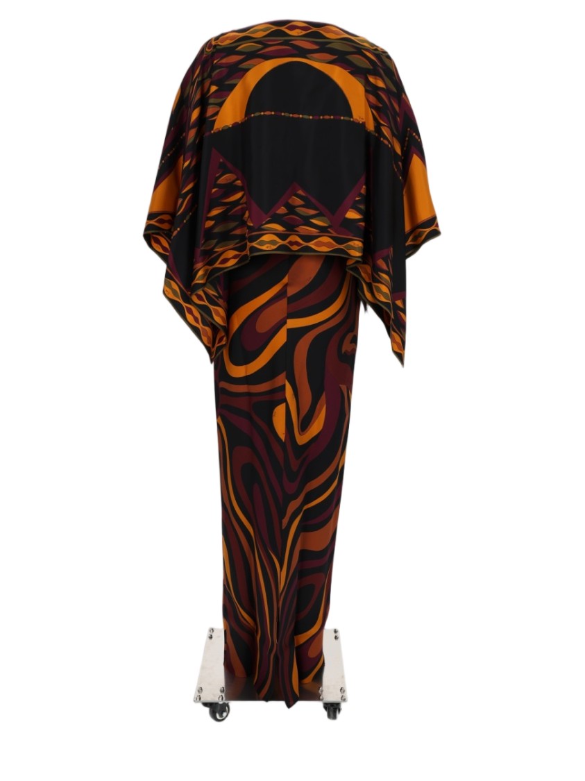 Pucci Burgundy Abstract Cape Overlay Silk Maxi Dress