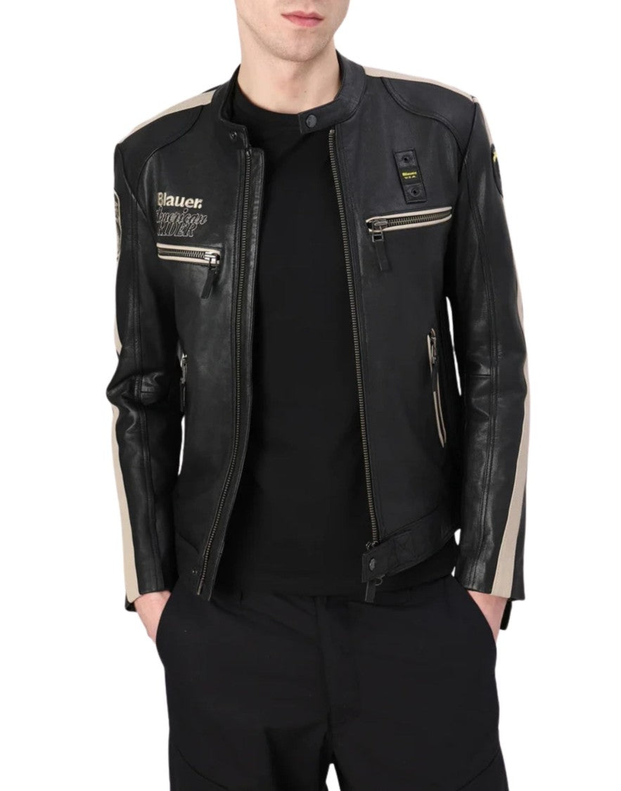 Blauer Blauer Garner Leather Jacket Black Slim Fit With Stand Collar For Men 26Sblul02439-007521 999
