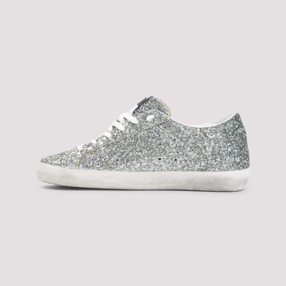 Golden Goose Glitter Silver Low-Top Sneakers With Star Detail And Distressed Sole