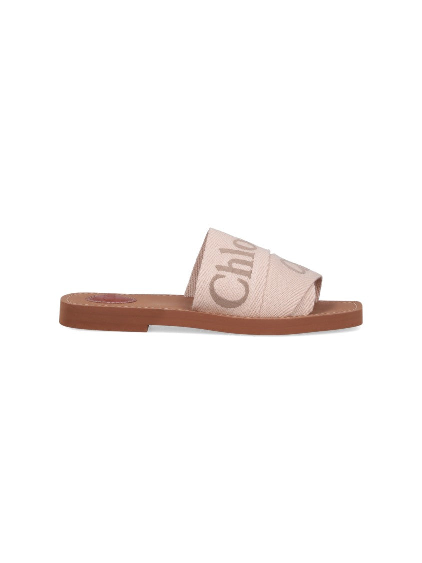 Chloé Beige Woody Printed Linen Sandals