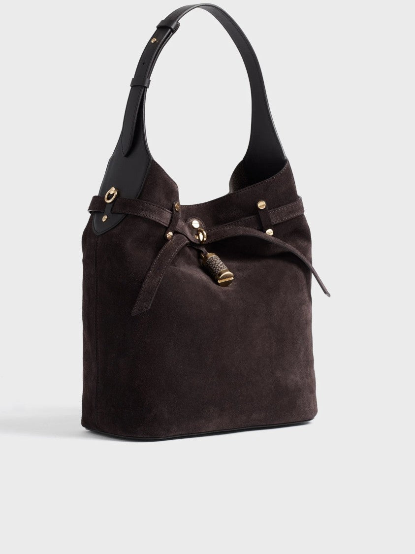 Borbonese Medium-Sized Bucket Bag In Soft Suede With Gold Accents