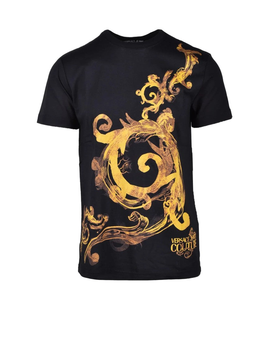 Versace Jeans Couture Baroque Print Cotton T-Shirt With Black And Yellow Contrast