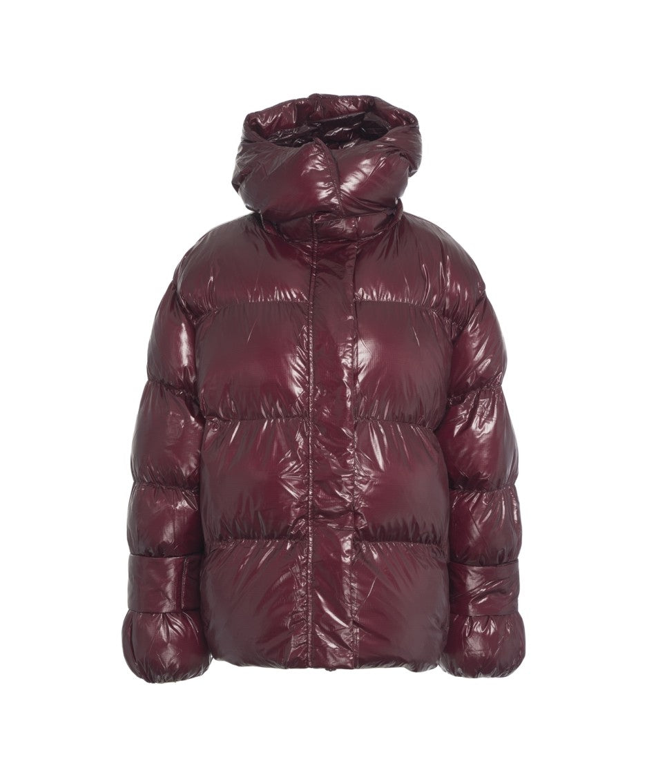 Oval Square Red Padded Down Coat With Hood