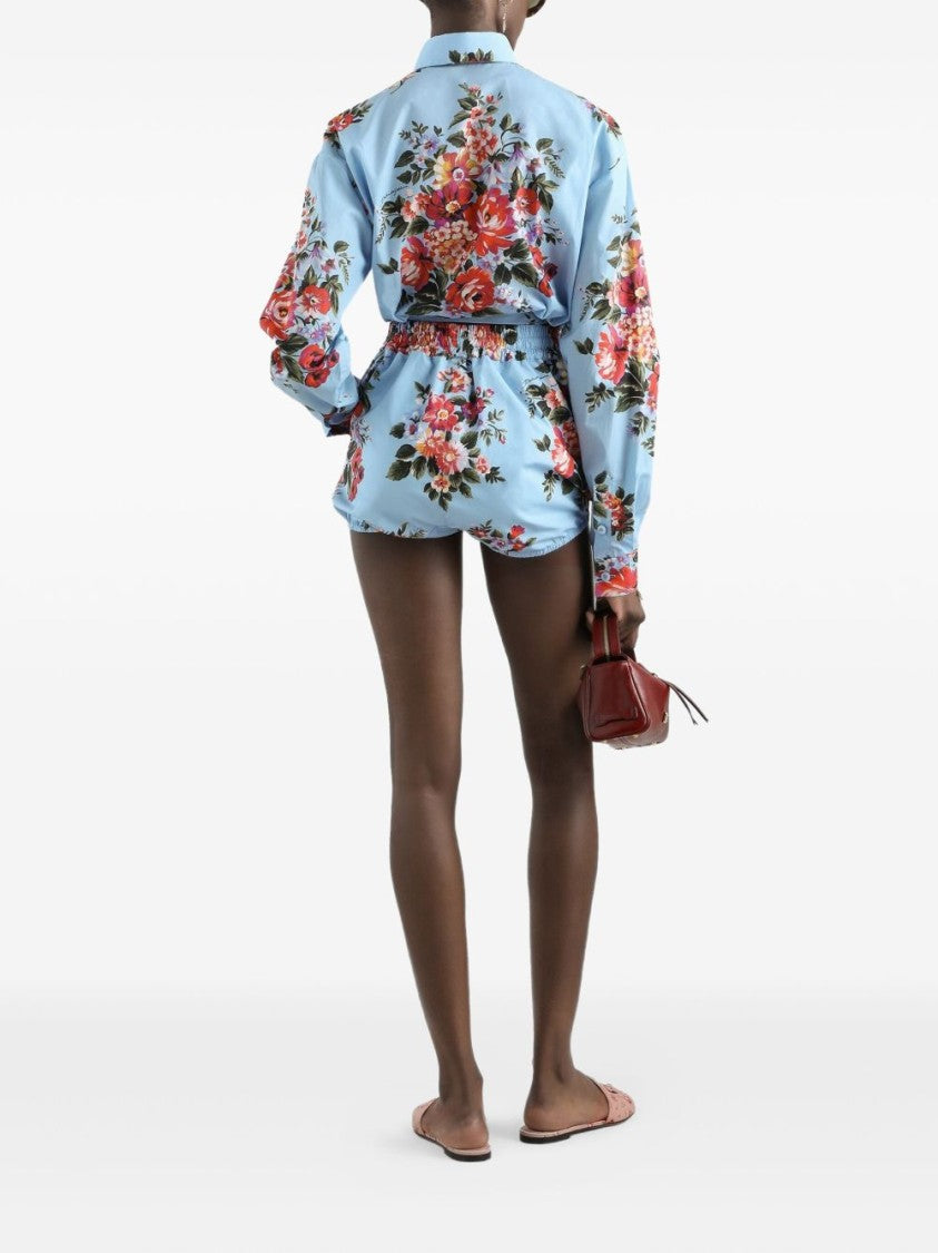 Dolce & Gabbana Floral Print Light Blue Cropped Shirt With Tie Detail