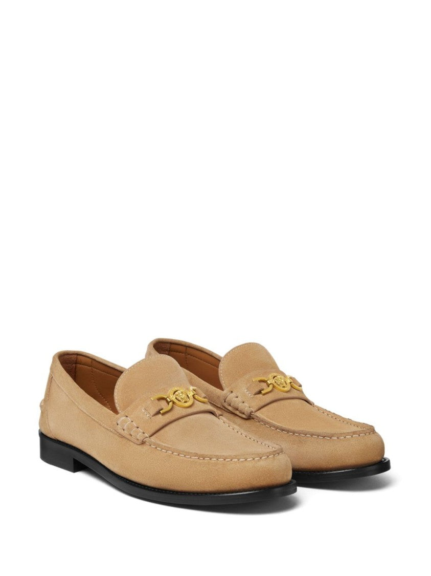 Versace Sand Brown Calf Suede Flat Shoes
