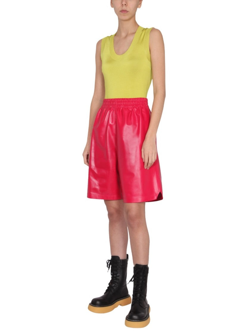 Bottega Veneta Tailored Black Leather Shorts With Elastic Waistband