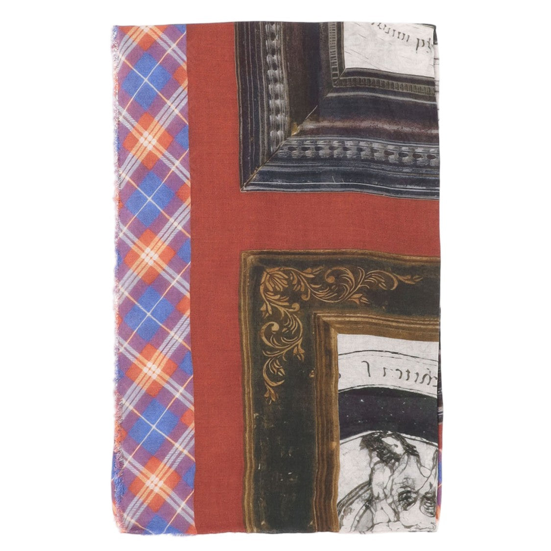 Faliero Sarti Rectangular Fringed Scarf With Artistic Prints And Plaid Border