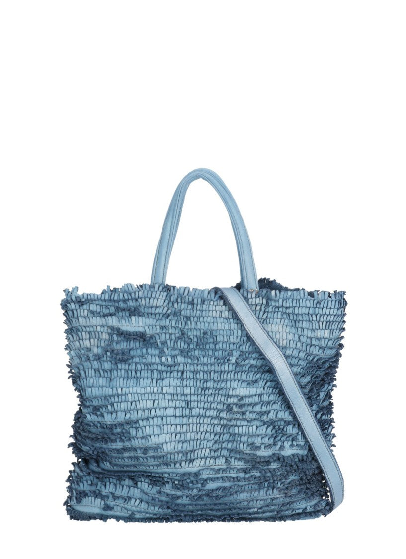 Majo Blue Textured Micro-Fringe Shoulder Bag