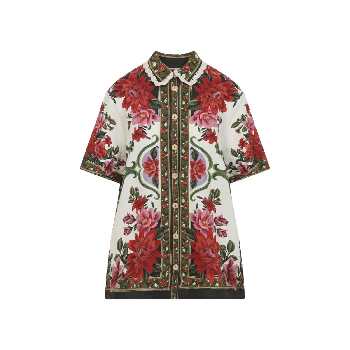 Farm Rio Multicolor Floral Linen Blend Shirt With Lace Trim