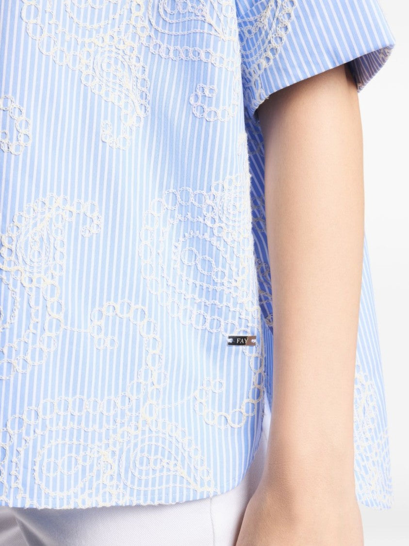 Fay Light Blue Striped Shirt With Embroidered Detailing And Classic Collar